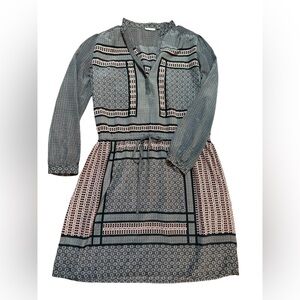 Halogen Boho Geometric Print Tie Neck Long Sleeve Dress Black Gray Red‎ sz L
